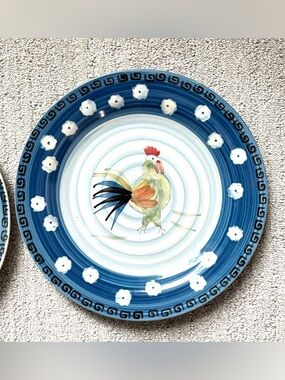 2 Rooster Chicken Dinner Plates Blue Hand Painted 10.5" Country Royal Norfolk